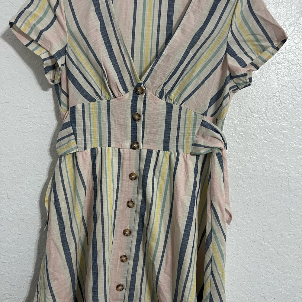As U Wish Striped Side-Tie Fit & Flare Dress Size L Button Down Multicolor #256